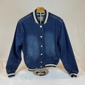 Madden Girl Denim Bomber Jacket Varsity Style Snap Front Women’s XS